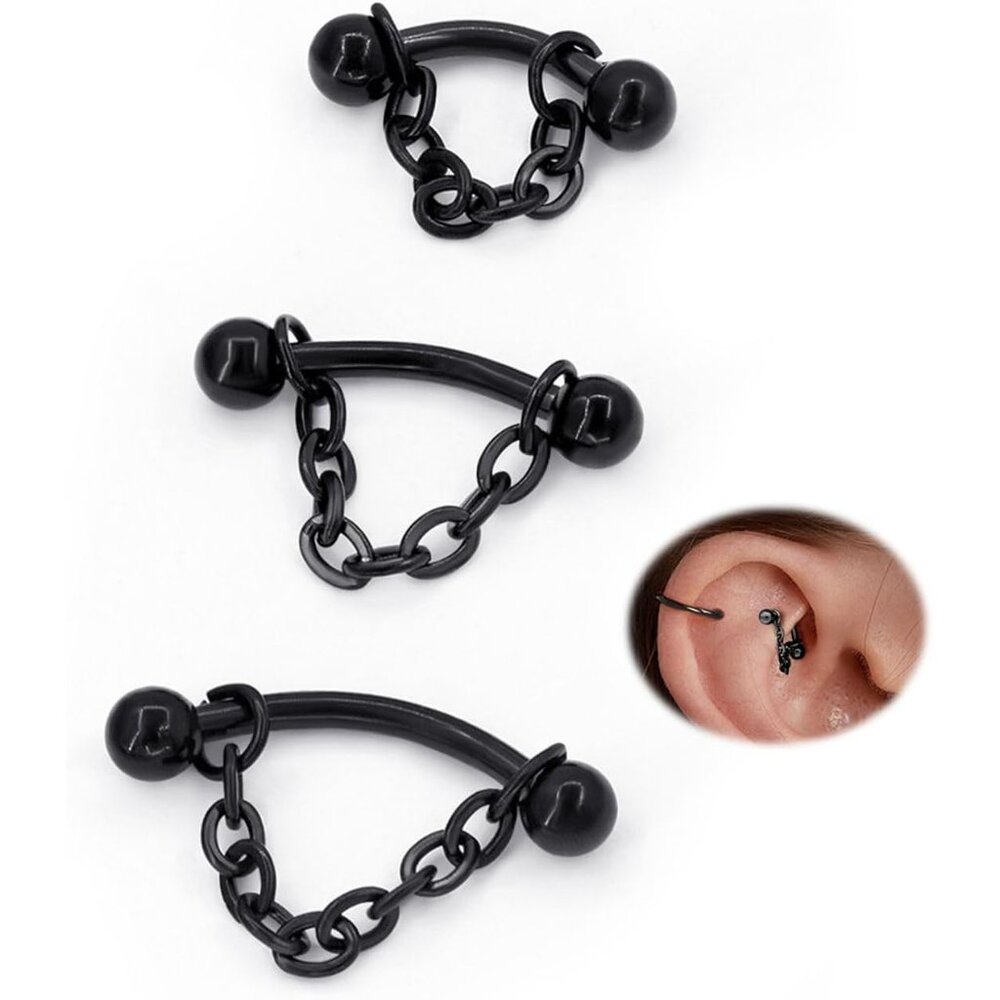 3 Pcs 316L Stainless Steel 16G Tragus Helix Rook Piercing Jewelry with Chain, Ca